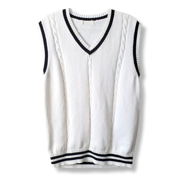 Varsity White Cotton V Neck Sweater Vest L Preppy Tenniscore Academia Old Money - Picture 1 of 9